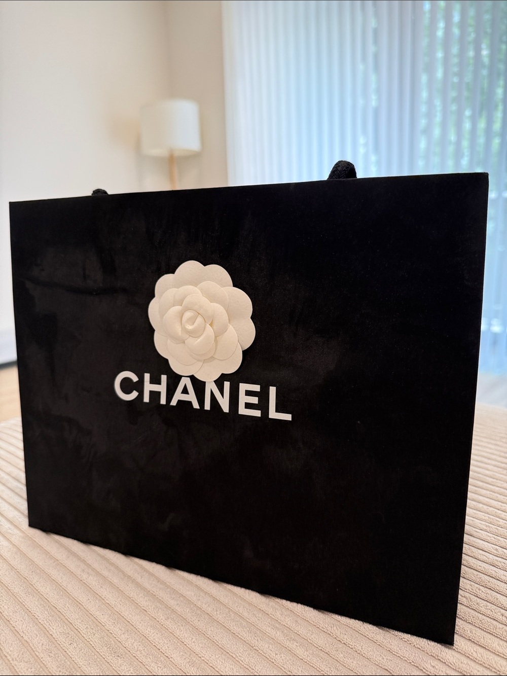 CHANEL Black Velvet Gift Bag with White Camellia Logo